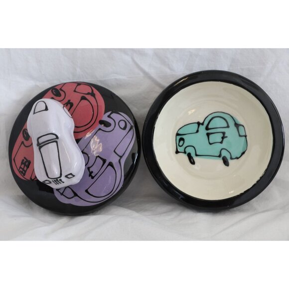 Vtg 1970's Studio Ceramic Art "Cars" On A Trinket Box One Of A Kind Handmade - Picture 1 of 8